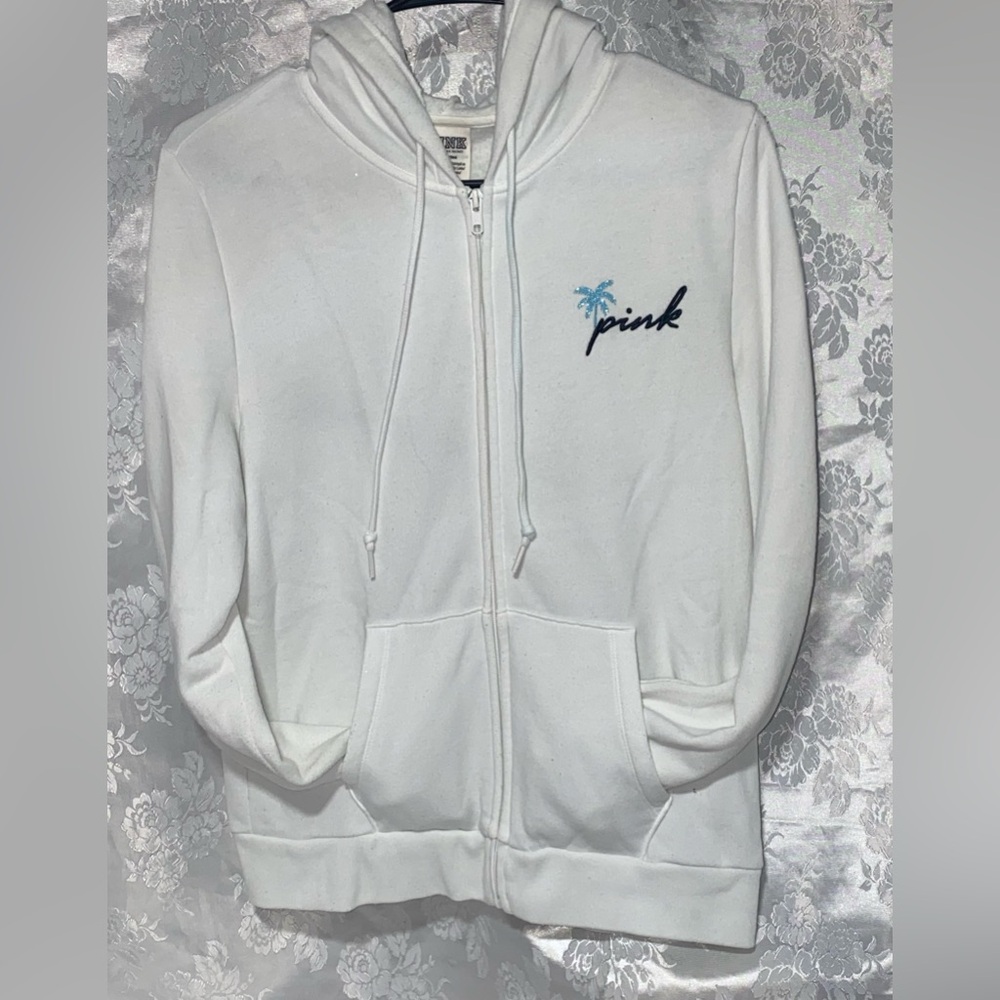 Victoria's Secret PINK Shine Perfect Full Zip Hoodie Tropical Palm Tree Logo M - Picture 5 of 7